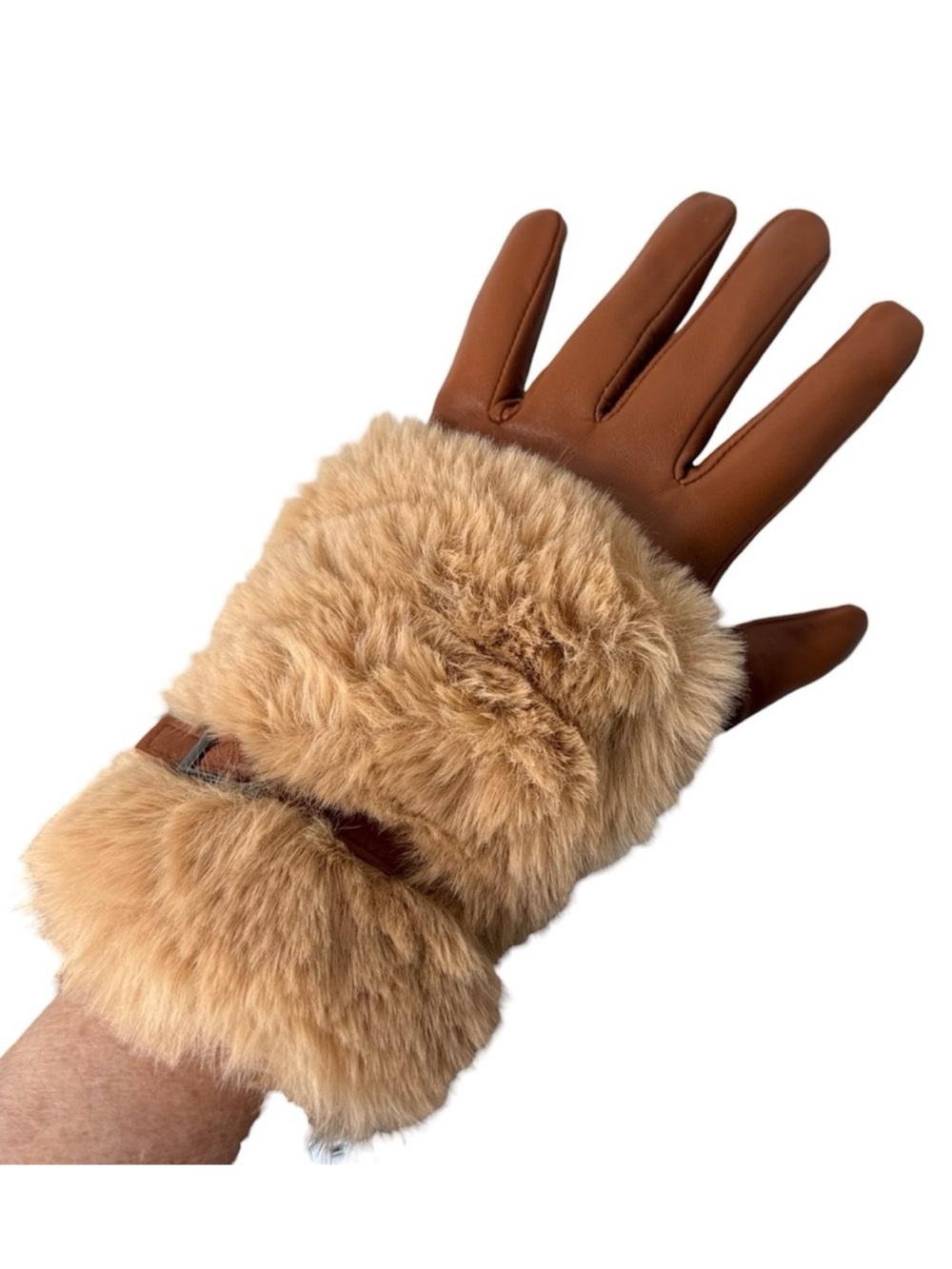 AUCLAIR New Arianna Cognac Tan Brown Leather Faux Fur Gloves Buckle Zipper